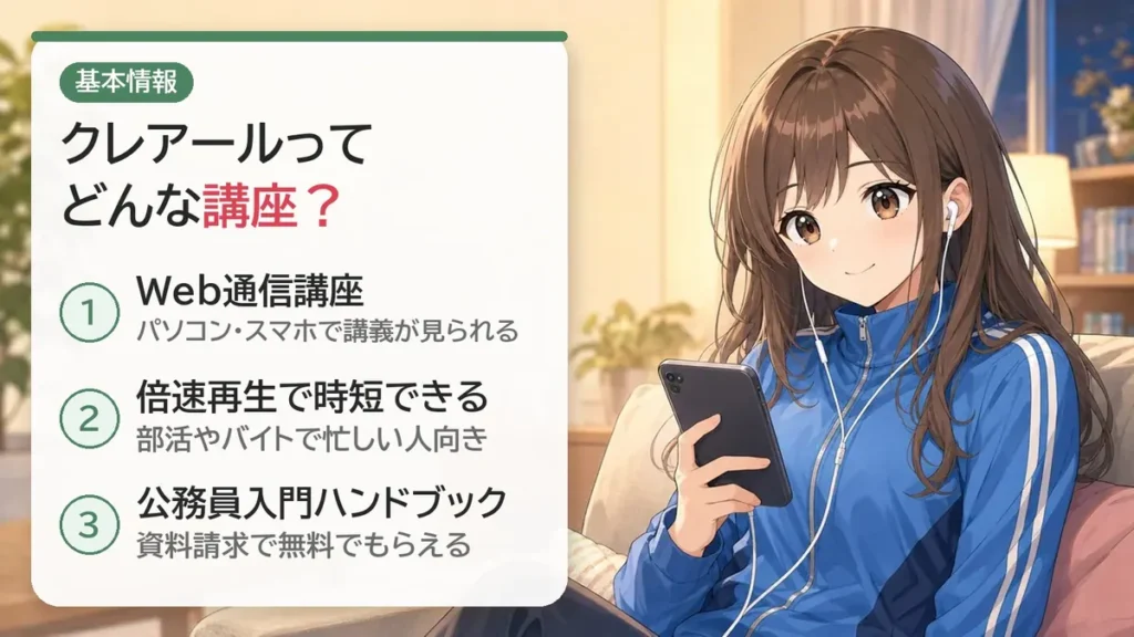 クレアール公務員講座はWeb通信講座。スマホで講義・倍速再生・公務員入門ハンドブックがもらえる