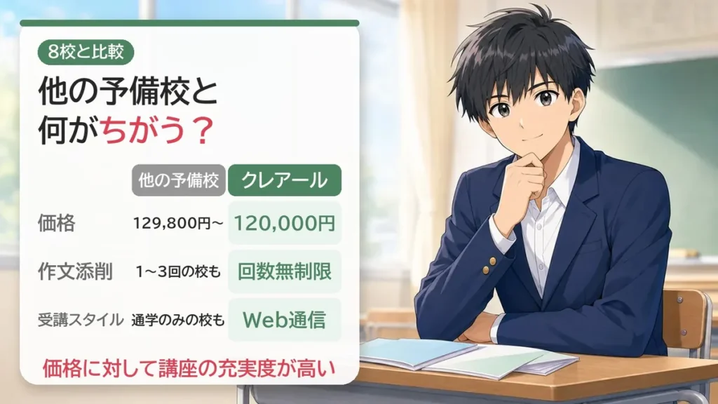 クレアールと他の予備校の比較:価格120,000円・作文添削は回数無制限・Web通信