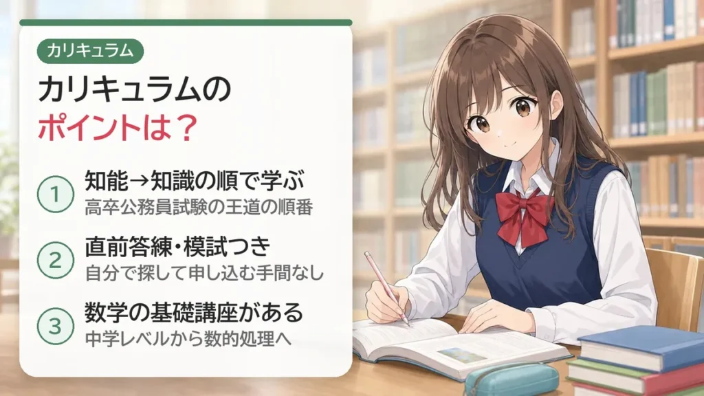 クレアールのカリキュラムのポイント3つ:知能→知識の順・直前答練と模試つき・数学の基礎講座