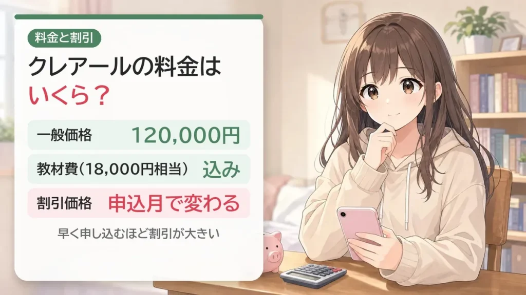 クレアールの料金:一般価格120,000円(教材費込み)、割引は申込月が早いほど大きい