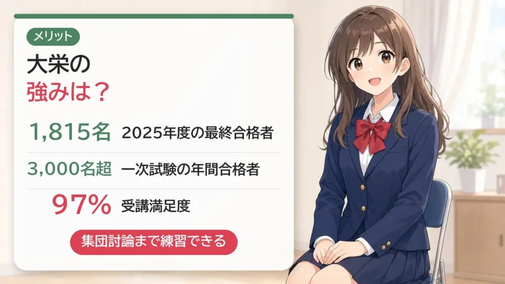 大栄の良い評判・メリット:2025年度最終合格1,815名・一次3,000名超・受講満足度97%