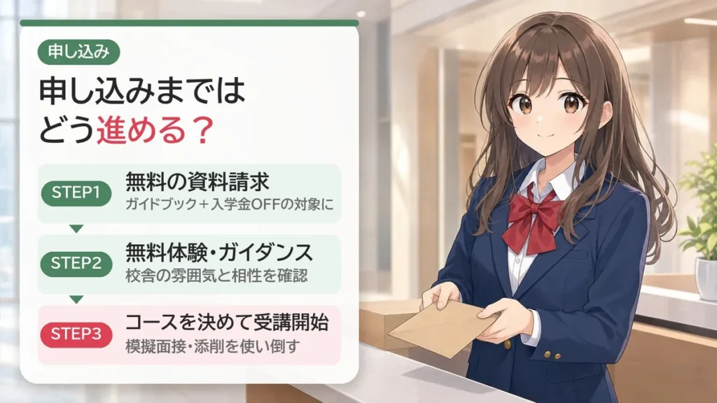 大栄の申込みまでの3ステップ:無料の資料請求→無料体験・ガイダンス→受講開始
