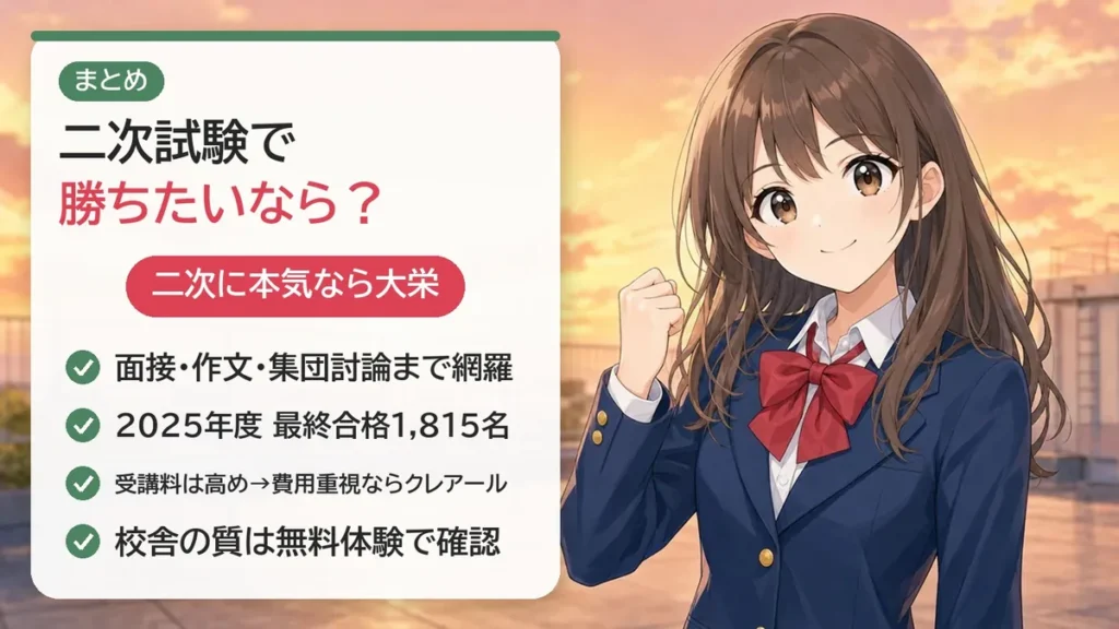 まとめ:二次試験で勝ちたいなら大栄。面接・作文・集団討論まで網羅