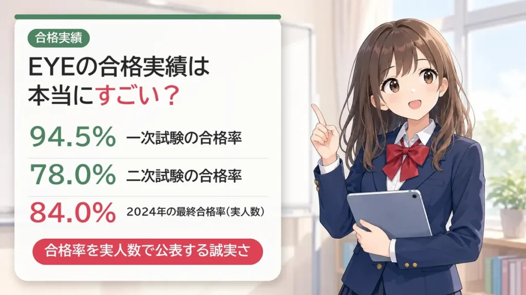 公務員予備校EYEの合格実績：一次94.5%・二次78.0%・2024年最終合格率84.0%（実人数）