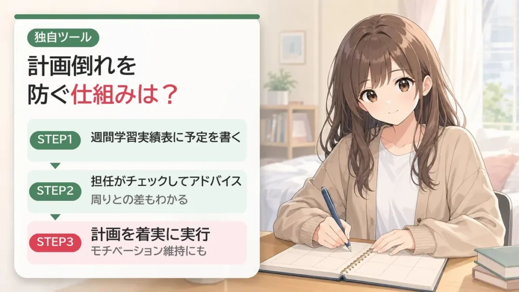 EYE独自の週間学習実績表：担任がチェックして計画倒れを防ぐ仕組み