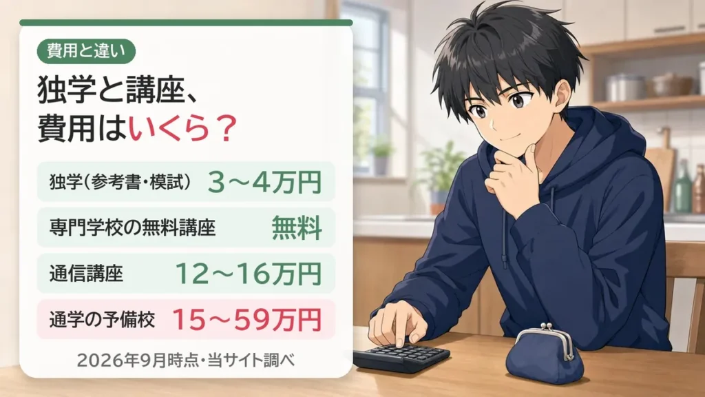 独学と講座の費用比較:独学3〜4万円・無料講座・通信12〜16万円・通学15〜59万円