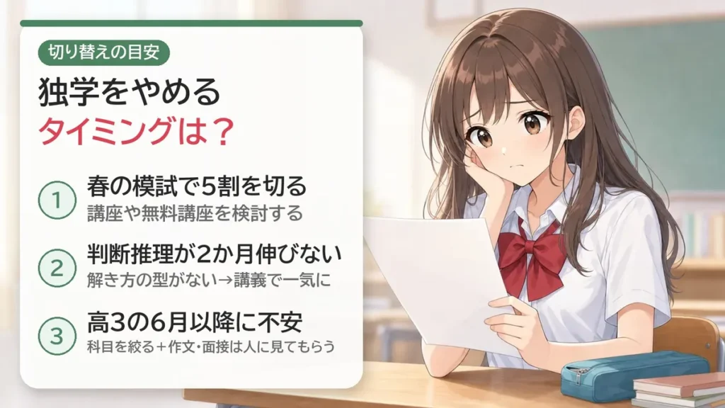 独学から切り替える目安:春の模試で5割未満・判断推理が2か月伸びない・高3の6月以降