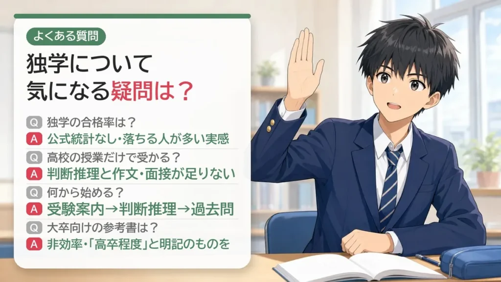 高卒公務員の独学に関するよくある質問:合格率・高校の授業・何から始める・参考書