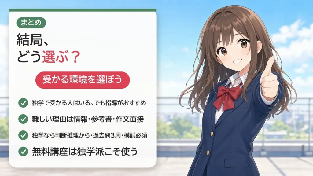 まとめ:受かる環境を選ぼう。独学なら判断推理から、作文と面接は人に見てもらう