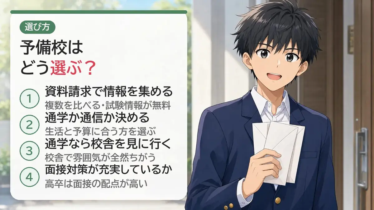 講座・予備校選びのポイント：資料請求・通学か通信か・校舎見学・面接対策
