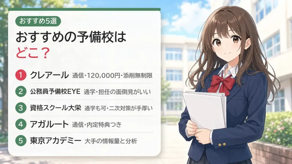 当サイトのおすすめスクール5選：クレアール・EYE・大栄・アガルート・東京アカデミー
