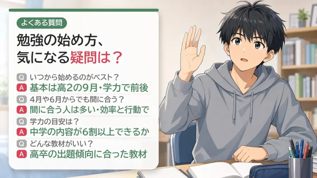 勉強の始め方に関するよくある質問：いつから・4月からでも間に合う？・学力の目安・教材