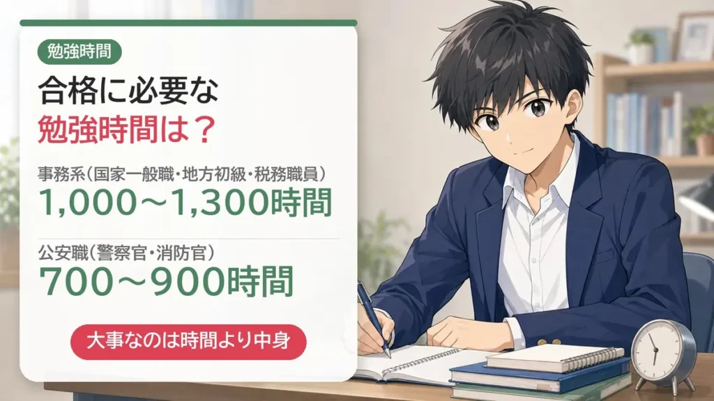 高卒公務員試験の合格に必要な勉強時間：事務系1,000〜1,300時間、公安職700〜900時間