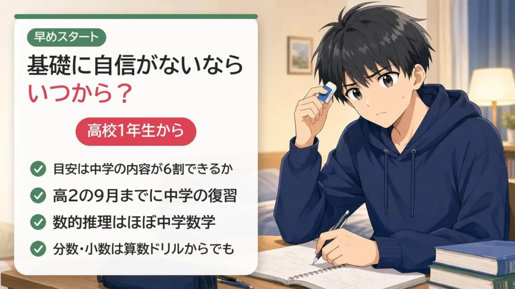基礎学力に自信がない人は高校1年生から。目安は中学の内容が6割できるか