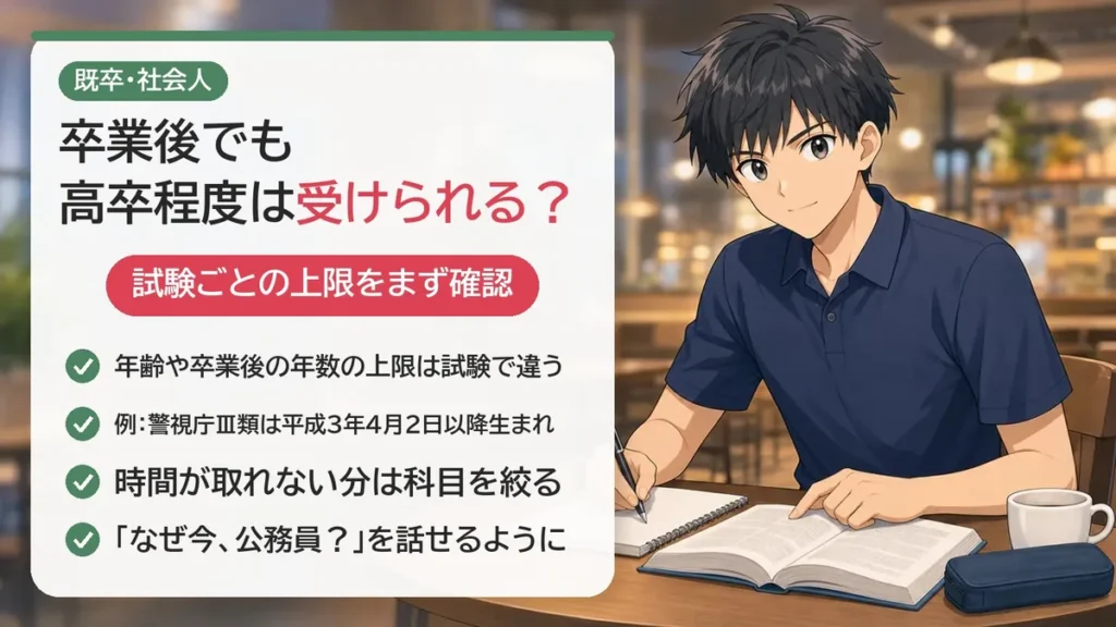 既卒・社会人が高卒程度の公務員試験を受けるなら：年齢などの上限を受験案内で確認し、時間が取れない分は科目を絞る