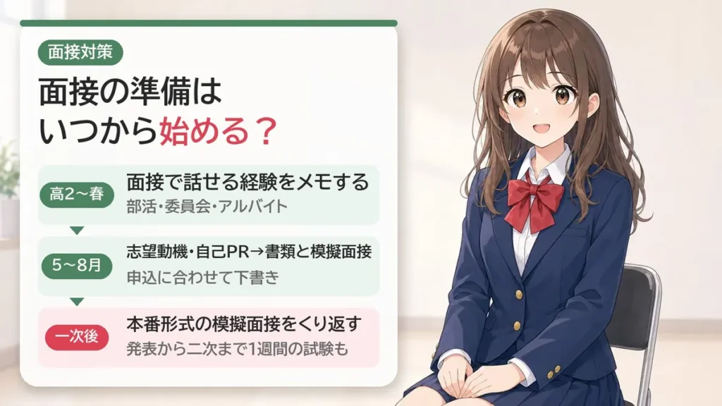 高卒公務員試験の面接対策はいつから始める？高2〜春に経験をメモ、5〜8月に志望動機と書類・模擬面接、一次後は本番形式の練習