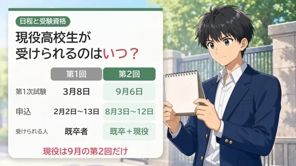 警視庁警察官Ⅲ類の令和8年度の試験日程：第1回3月8日・第2回9月6日、現役高校生は第2回だけ