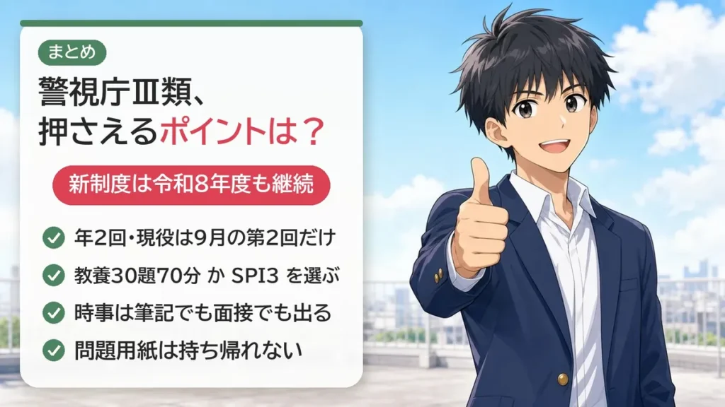 まとめ：警視庁警察官Ⅲ類の試験の押さえどころ（年2回・教養かSPI3・時事・持ち帰り不可）