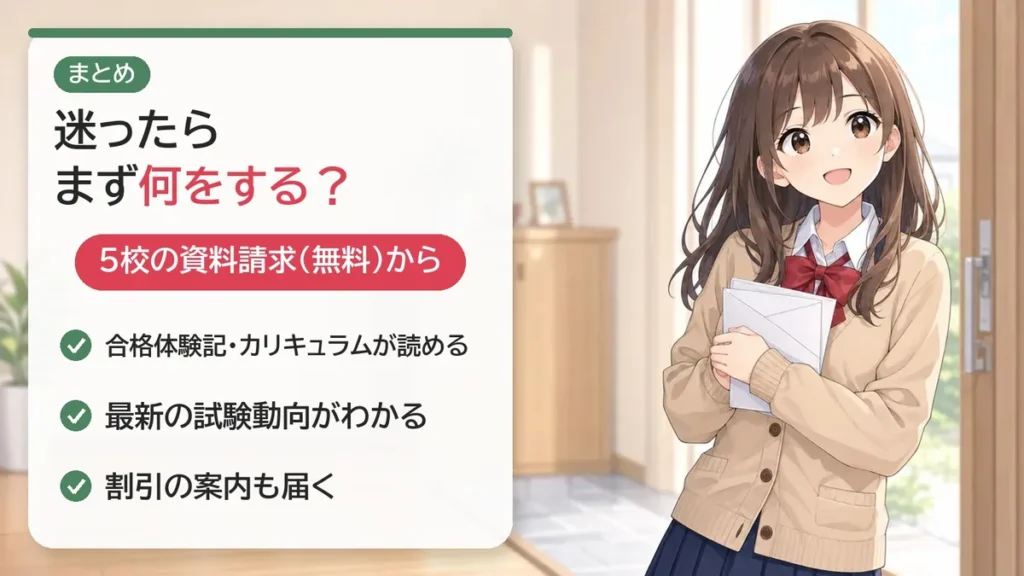 まとめ：迷ったら5校の無料資料請求から。合格体験記・カリキュラム・最新動向がわかる