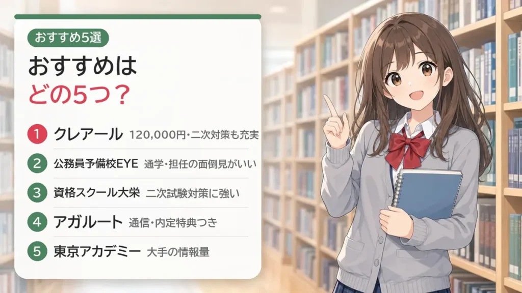 高卒公務員試験のおすすめ講座5選：クレアール・EYE・大栄・アガルート・東京アカデミー