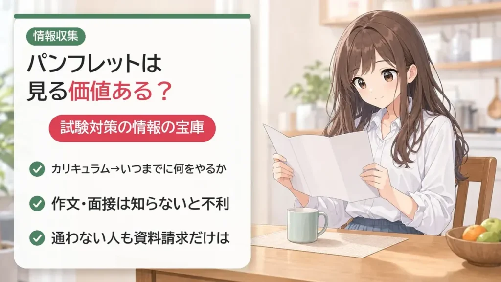 予備校のHP・パンフレットは試験対策の情報の宝庫。通わない人も資料請求はしておく