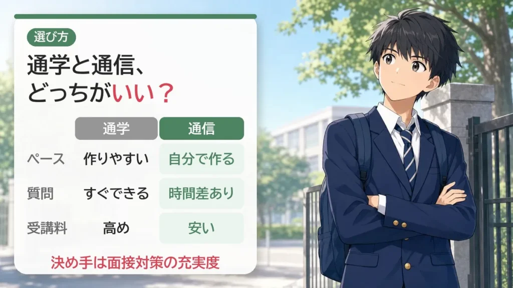通学と通信の比較：ペース・質問・受講料のちがい。決め手は面接対策の充実度