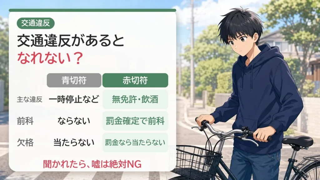 交通違反があると警察官になれない?青切符は前科にならず欠格にも当たらない。赤切符は罰金確定で前科。嘘は絶対NG