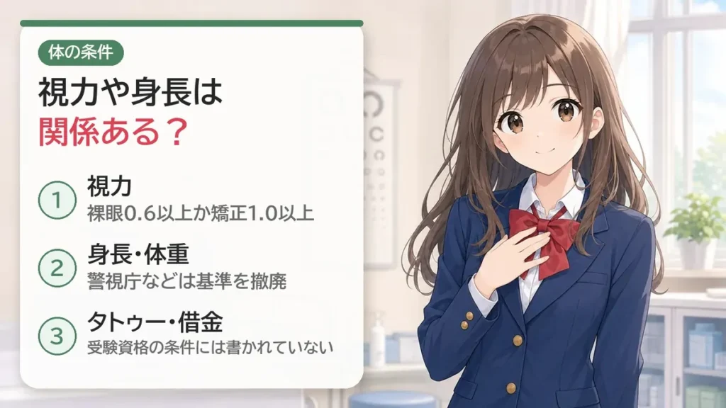 警察官の視力・身長・タトゥーの条件:視力の基準はあり、身長・体重は警視庁などが撤廃。タトゥー・借金は受験資格の条件にない