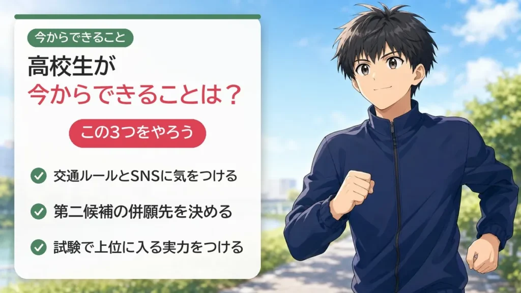 警察官を目指す高校生が今からできること:交通ルールとSNSに注意、第二候補の併願先を決める、試験で上位に入る実力をつける