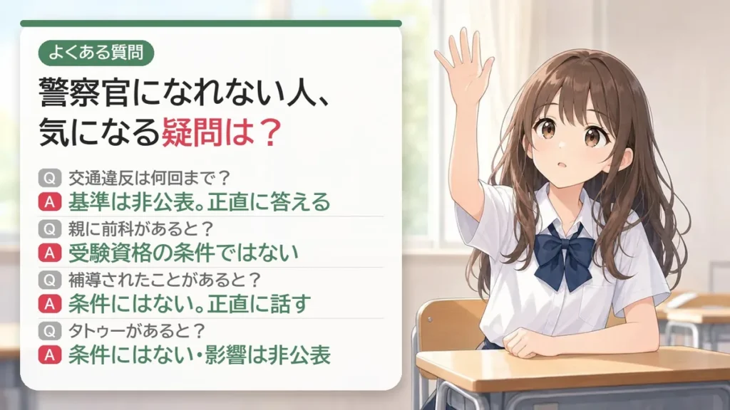 警察官になれない人のよくある質問:交通違反は何回まで?親に前科があると?補導されたことがあると?タトゥーがあると?
