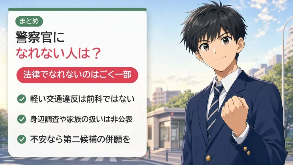 まとめ:法律で警察官になれないのはごく一部。軽い交通違反は前科ではない。不安なら第二候補の併願を