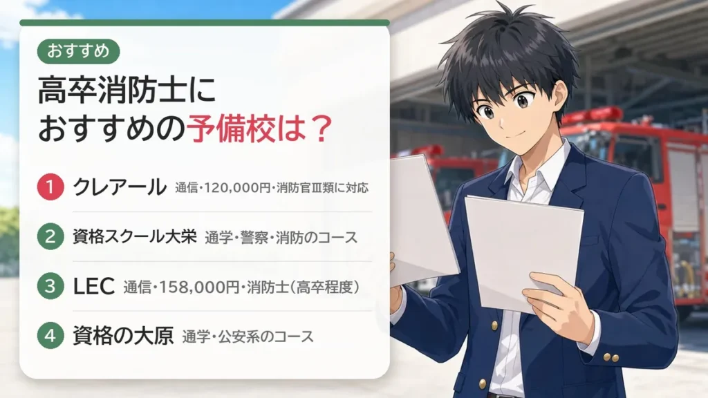 高卒消防士におすすめの予備校：通信ならクレアール（消防官Ⅲ類に対応）、通学なら大栄（警察・消防のコース）、LEC、大原