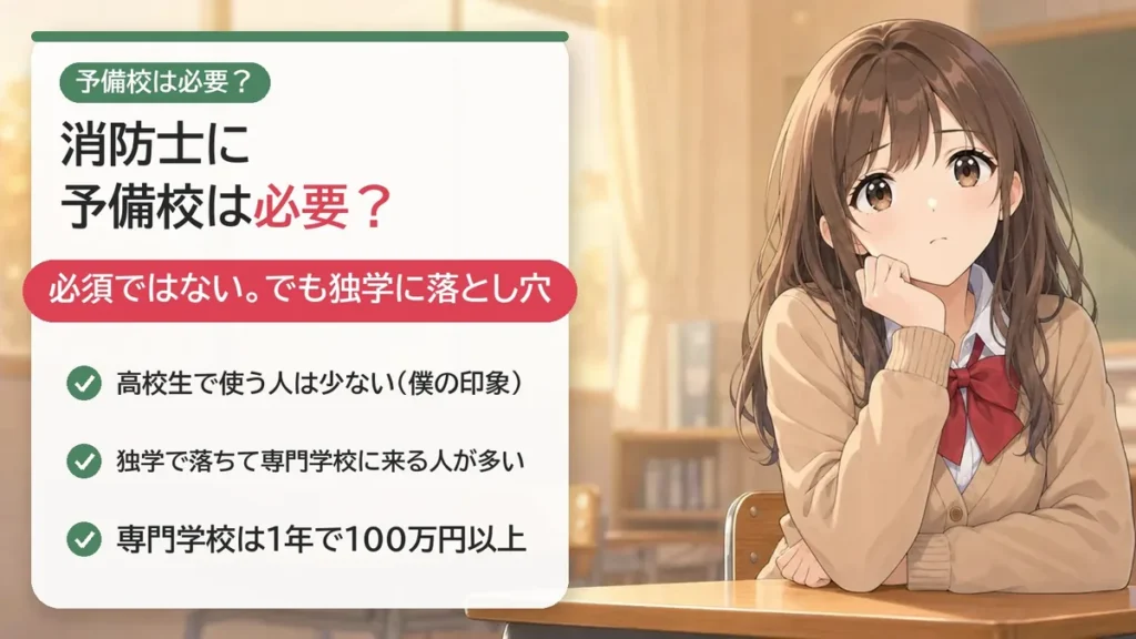 消防士に予備校は必要？必須ではないが、独学で落ちて専門学校に来る人が多い。専門学校は1年で100万円以上