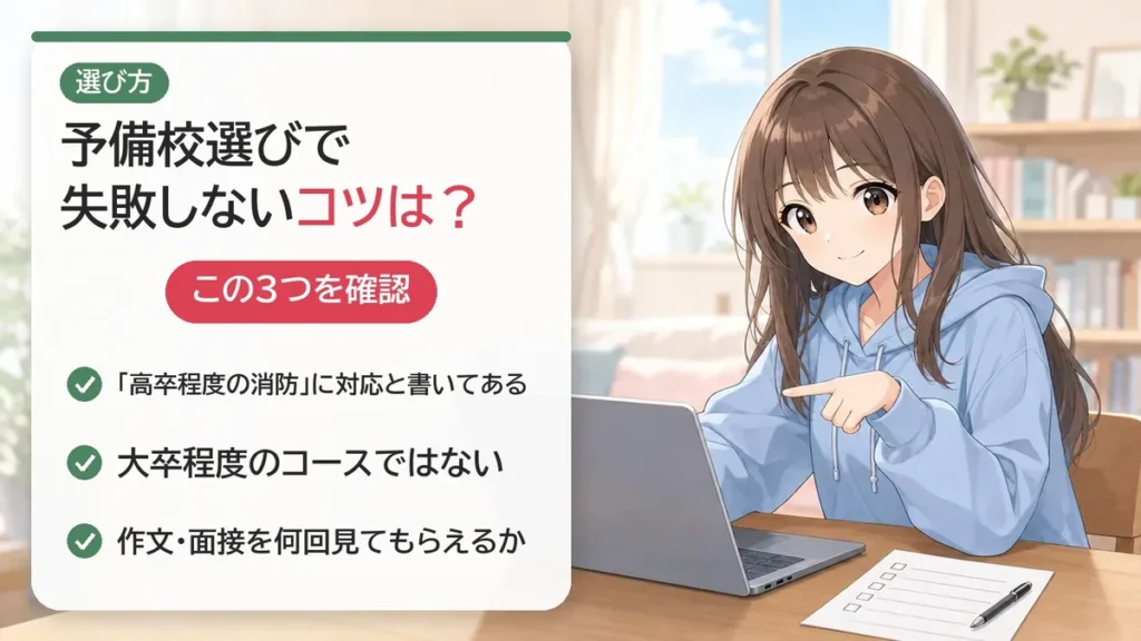 消防士の予備校選びで失敗しないコツ：高卒程度の消防に対応しているか、大卒程度のコースではないか、作文・面接の回数