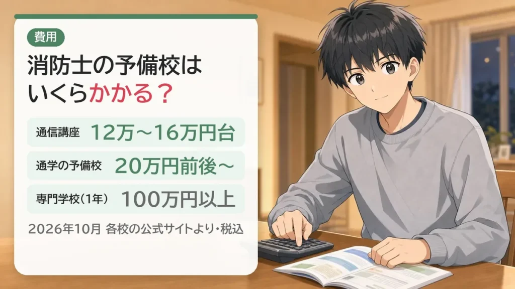 消防士の予備校の費用：通信講座は12万〜16万円台、通学の予備校は20万円前後から、専門学校は1年で100万円以上