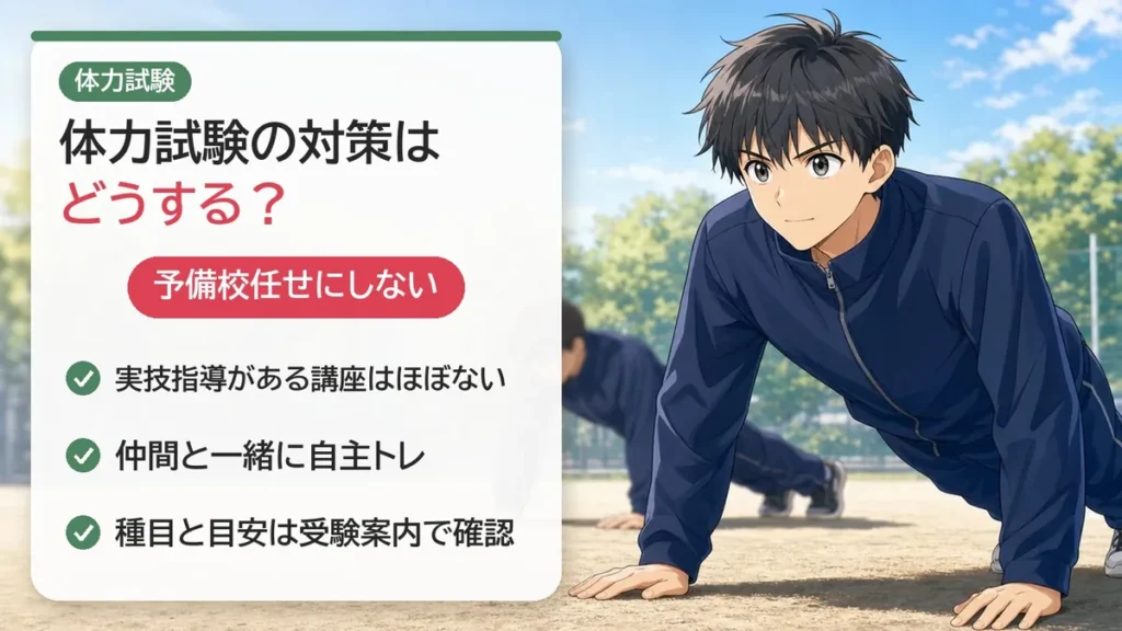消防士の体力試験の対策：予備校の実技指導はほぼないので、仲間と一緒に自主トレ。種目と目安は受験案内で確認