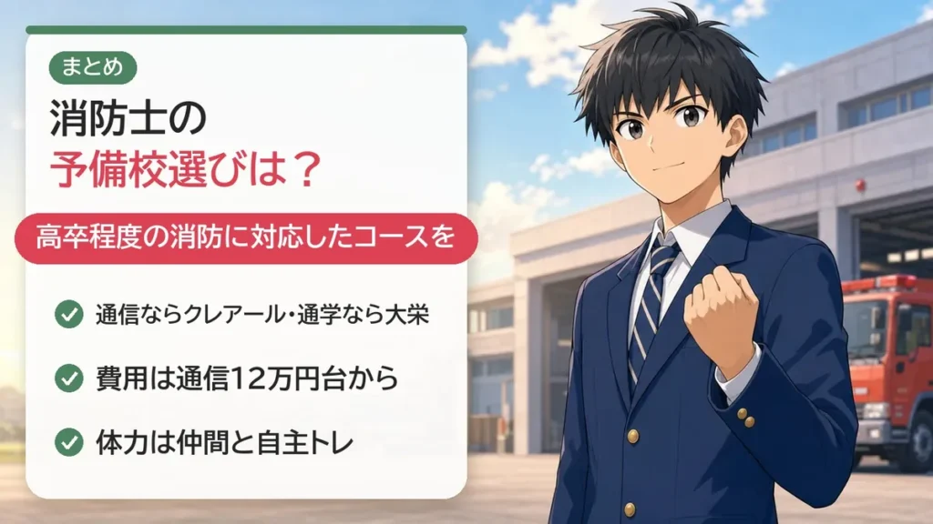 まとめ：消防士の予備校は高卒程度の消防に対応したコースを。通信ならクレアール、通学なら大栄。体力は自主トレ