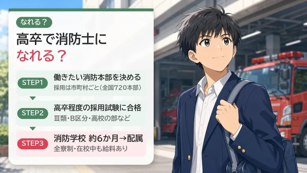 高卒で消防士になるには:働きたい消防本部を決める→高卒程度の採用試験に合格→約6か月の全寮制消防学校を経て配属