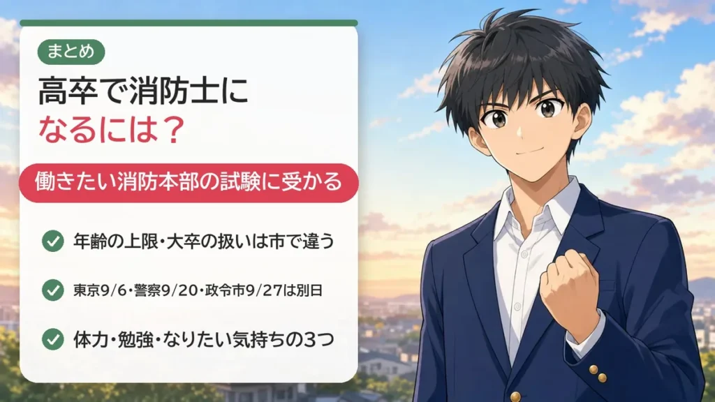 まとめ:高卒で消防士になるには、働きたい消防本部の試験に受かること。年齢上限・日程・体力と勉強となりたい気持ち