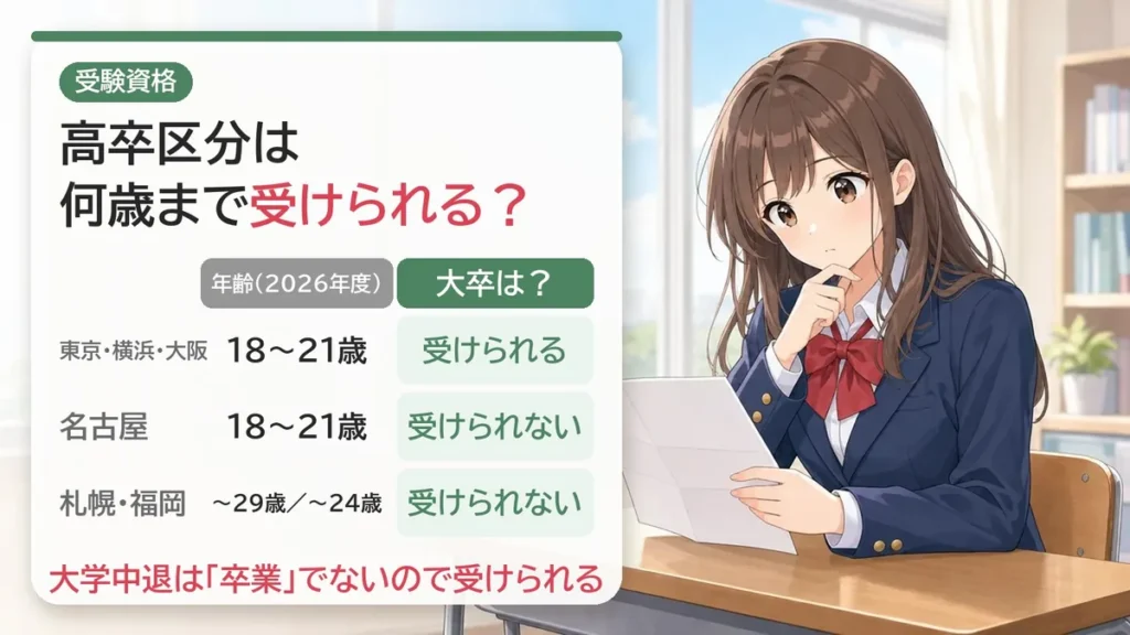 高卒消防士の受験資格:東京・横浜・大阪は18〜21歳で学歴不問、名古屋・札幌・福岡は大卒は受けられない。大学中退は受けられる