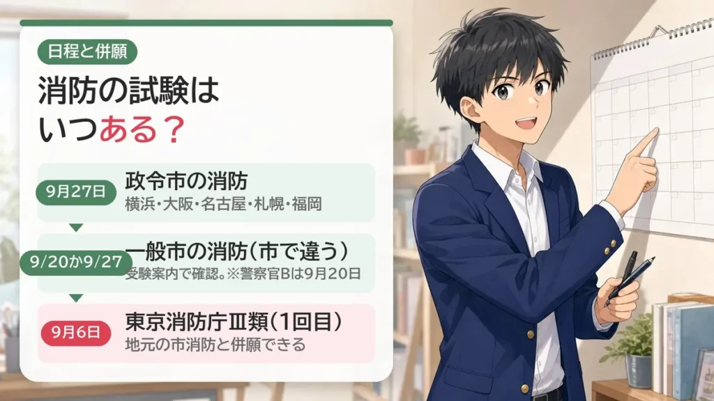 消防の試験日(2026年度):政令市の消防は9月27日、一般市は9月20日か27日で市により違う、東京消防庁Ⅲ類は9月6日。警察官B共同試験は9月20日