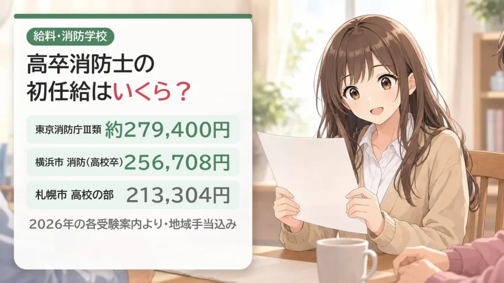 高卒消防士の初任給:東京消防庁Ⅲ類は約279,400円、横浜市256,708円、札幌市213,304円(2026年・地域手当込み)。消防学校は約6か月・全寮制で給料あり
