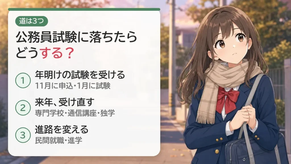 公務員試験に落ちたらどうする?道は3つ:年明けの試験を受ける(11月申込・1月試験)、来年受け直す(専門学校・通信講座・独学)、進路を変える(民間就職・進学)