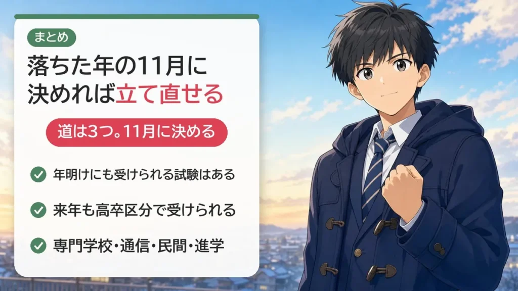 まとめ:落ちた年の11月に決めれば立て直せる。年明けにも受けられる試験はある、来年も高卒区分で受けられる、専門学校・通信・民間・進学
