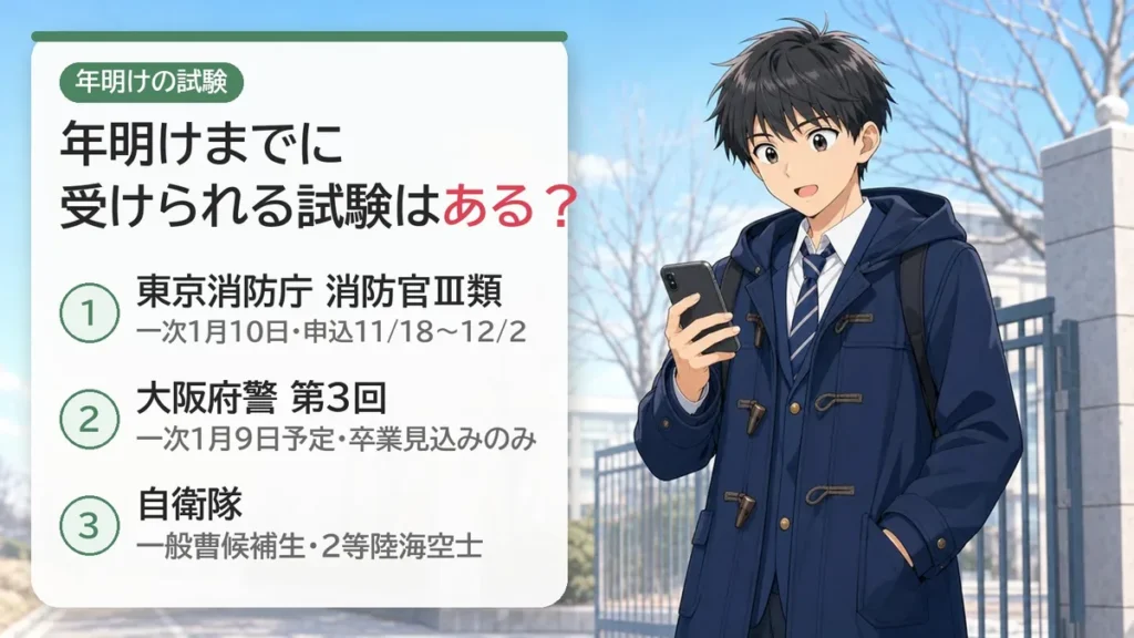 年明けまでに受けられる高卒程度の試験:東京消防庁 消防官Ⅲ類(一次1月10日・申込11月18日〜12月2日)、大阪府警 第3回(一次1月9日予定・卒業見込みのみ)、自衛隊(一般曹候補生・2等陸海空士)