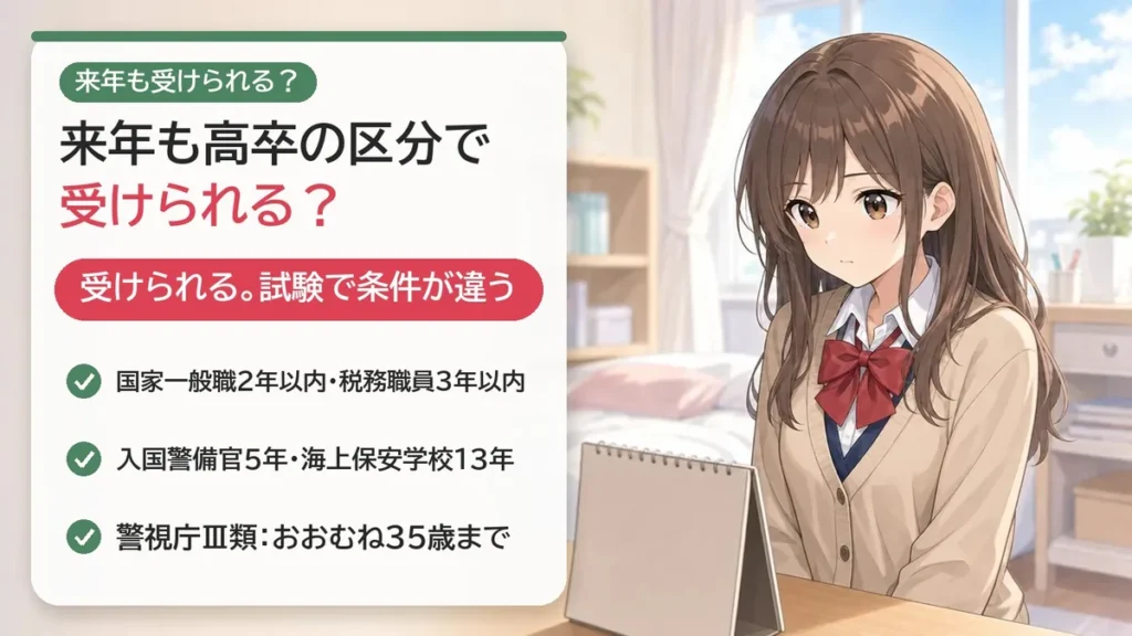 来年も高卒の区分で受けられる?試験で条件が違う:国家一般職は卒業後2年以内、税務職員は3年以内、入国警備官5年、海上保安学校13年、警視庁Ⅲ類はおおむね35歳まで