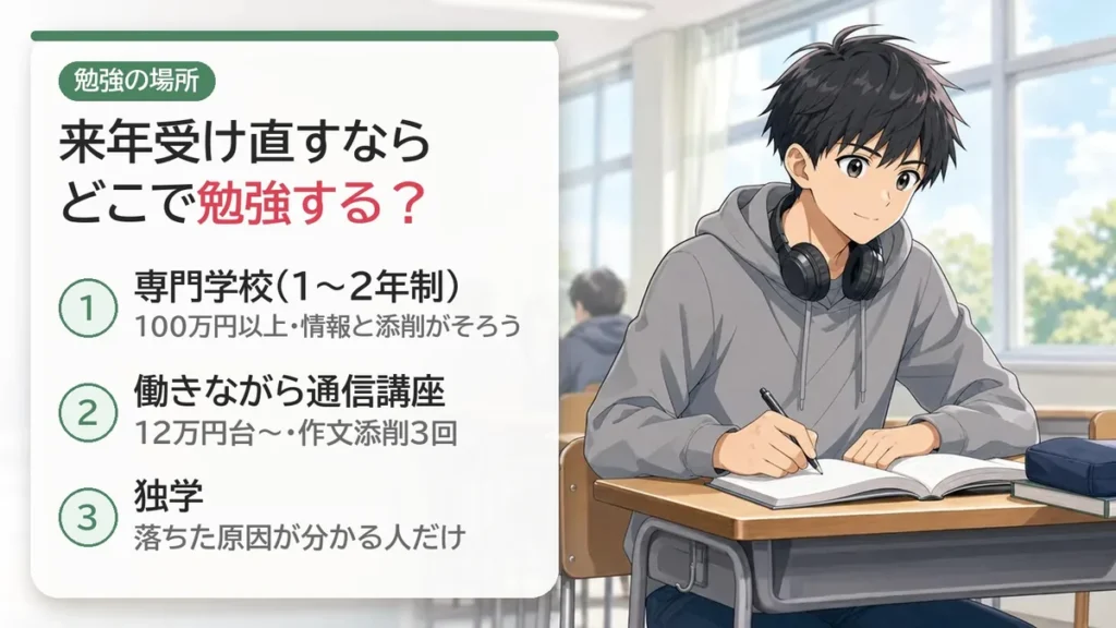 来年受け直すならどこで勉強する?専門学校(1〜2年制・100万円以上・情報と添削)、働きながら通信講座(12万円台〜・作文添削3回)、独学(落ちた原因が分かる人だけ)