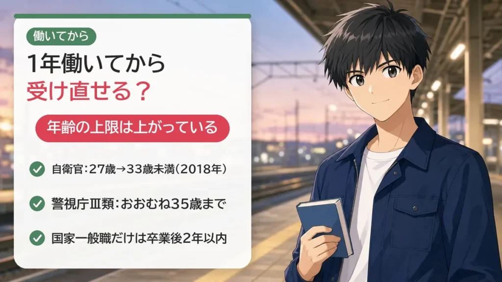 1年働いてから受け直せる?年齢の上限は上がっている:自衛官は27歳→33歳未満(2018年)、警視庁Ⅲ類はおおむね35歳まで、国家一般職だけは卒業後2年以内