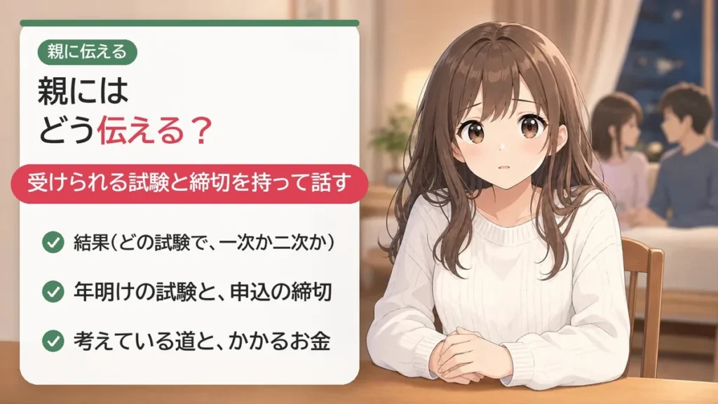 親にはどう伝える?受けられる試験と締切を持って話す:結果(どの試験で一次か二次か)、年明けの試験と申込の締切、考えている道とかかるお金