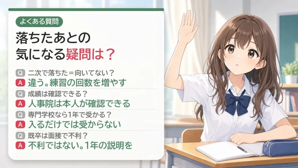 落ちたあとのよくある質問:二次で落ちた=向いていない?成績は確認できる?専門学校なら1年で受かる?既卒は面接で不利?